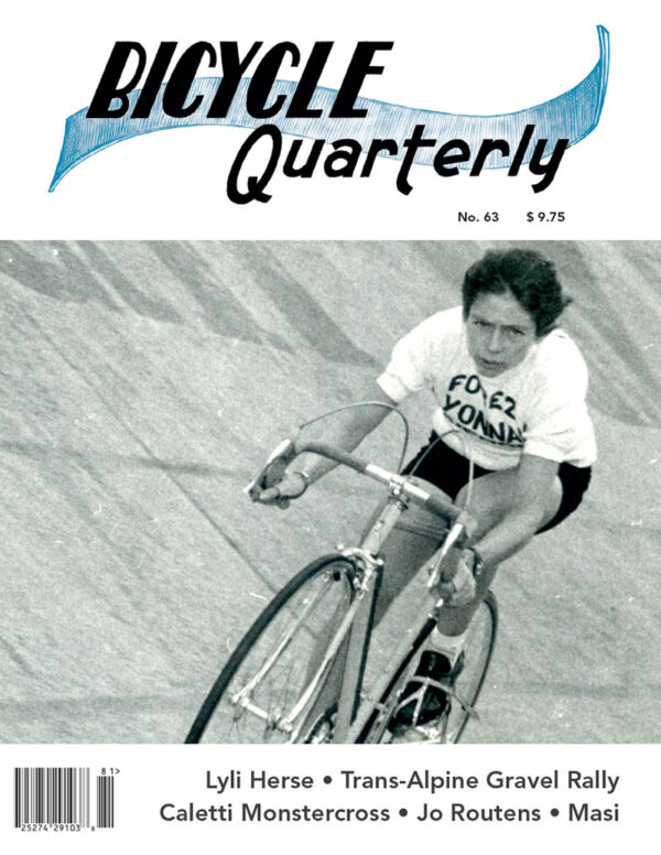 Cover of the Spring 2018 Bicycle Quarterly Magazine. Shows Lyli Herse racing on the velodrome.